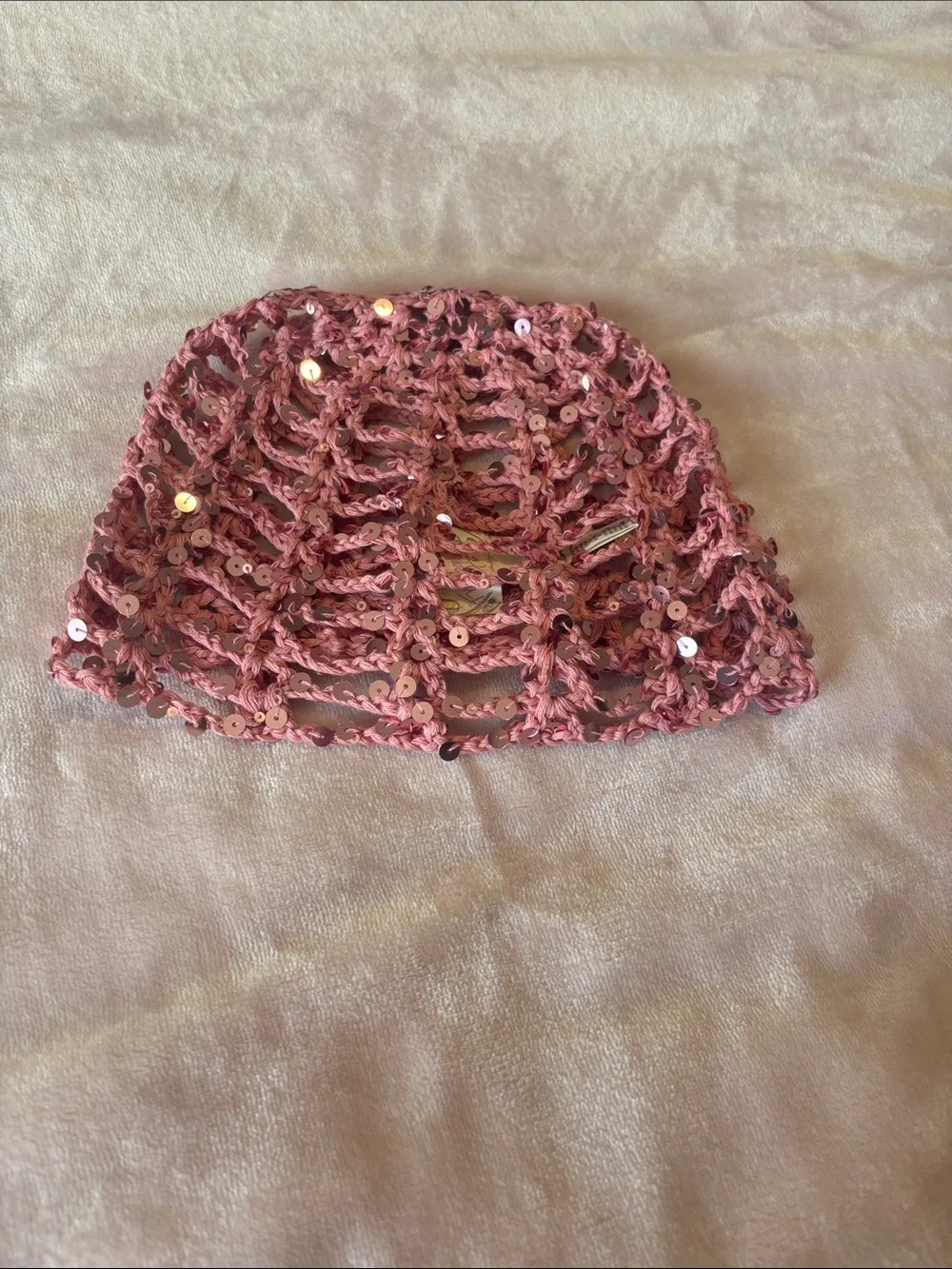 Free People Pink Sequin Crochet Beanie